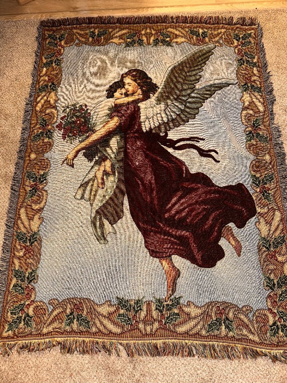 Guardian Angel Holding Child Tapestry Woven Throw Blanket Soft Mohawk USA 48x63"